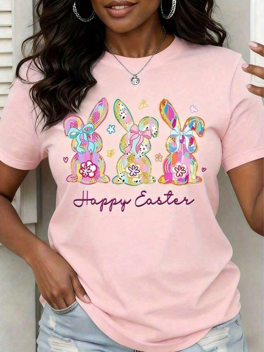 Happy Easter Bunny-Shirt With Colorful Rabbit Design Women Spring Festival ShirtCasual Daily Wear - Pink - View 1