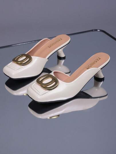 1 par de Zapatillas de tacón alto de estilo coreano talla grande para adolescentes, unicolor de cuero suave + decoración de hebilla redonda dorada, diseño de punta cuadrada, tacón delgado elevador, diseño deslizante, elegante y encantador, adecuado para uso casual diario, vacaciones, oficina, primavera/verano, nueva llegada