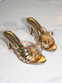 Women's Elegant Metal Embellished High Heel Slides, Fashionable Open Toe Gold One-Strap High Heel Sandals - Gold - View 2