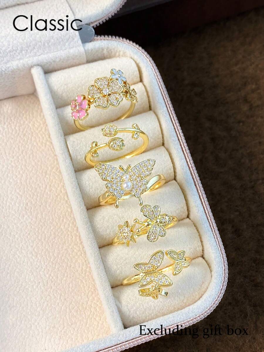 5件套奢华优雅盛开花朵和蝴蝶镶嵌立方氧化锆戒指套装，可调节铜戒指，适合日常、派对、度假佩戴（不含礼盒）