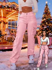 Women's Casual Plain Dark Blue Polyester Long Straight Leg Cargo Pants With Button Zipper And Pockets Medium Stretch - Hồng - Xem 7