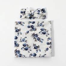 Receiving Blanket Headband Set Flower Print Baby Swaddle Blankets - 藍白色 - 查看 3