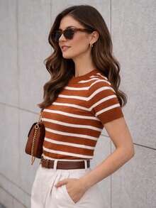 Women's Striped Modal Knit Blouse With Short Sleeves - 2026  - Versatile, Modern, Premium - Striped Caramel - View 3