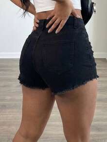 Women's High Waist Stretch Denim Shorts With Ripped & Frayed Hem Detail, Retro Sexy Design, Hot Girl Style Shorts - màu đen - Xem 2