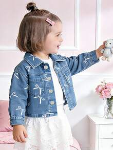 4-7岁女童春夏蝴蝶印花牛仔外套，翻领单排扣休闲百搭外套 - 藍色 - 查看 3