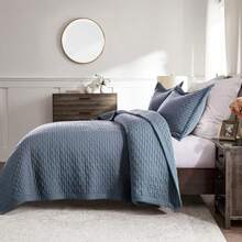 Dusty Blue Queen Size Quilt Set Geometric Box Lightweight Bedspread Soft Farmhouse Rustic Coverlet Spring Summer Thin Comforter Country Bedding 90x90 inches - Neblina azul - Ver 5