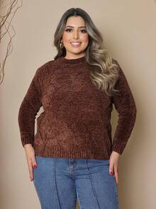 Plus Size Women's Knitted Sweater Long Sleeve Round Neck Casual Reverse FL-Sd2064 - 咖啡棕 - 查看 1