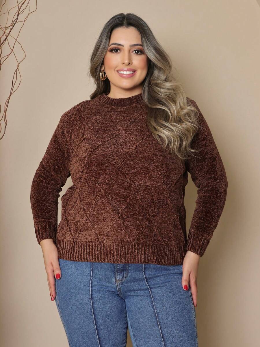 Plus Size Women's Knitted Sweater Long Sleeve Round Neck Casual Reverse FL-Sd2064 - 咖啡棕 - 查看 1