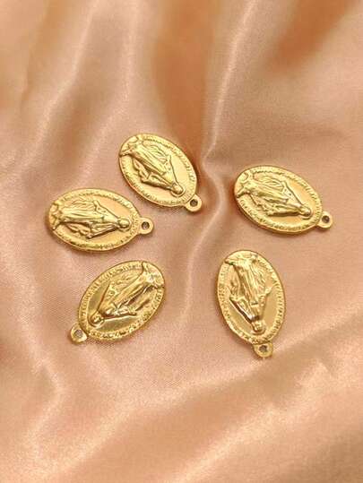 5pcs 18K Gold Plated Stainless Steel Vintage French Oval Virgin Mary Pendant, Minimalist Elegant Jewelry Gift For Men And Women, Valentine's Day