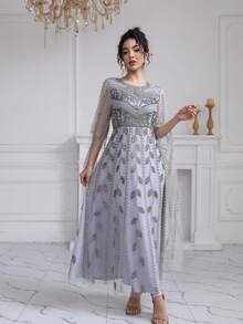 JINLICX 精致灰色串珠圆领礼服 - 灰色 - 查看 2