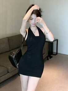 Strapless Sleeveless Bodycon Dress For Women, Sexy Unique Charming Waist Cinched Mini Dress, Spring/Summer Black Elegant - Black - View 4