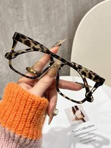 女士豹纹波西米亚风PC（聚碳酸酯）方形大框透明眼镜，四季皆宜 - 多色 - 查看 2