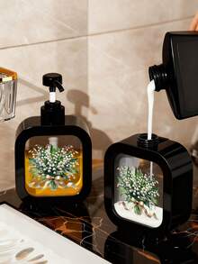 创意花卉设计可重复灌装按压瓶，适用于浴室，保湿洗手液分配器，浪漫花卉主题，浴室和厨房必备，百合花谷花束，优雅丝带，黑色背景 - 清新美丽的设计，适合水槽装饰，塑料材质，适用于洗手液、沐浴露、乳液等，创意乳液瓶，乳液分配器，分配器，浴室 - 彩色 - 查看 4