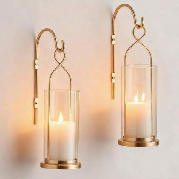 Gold Candle Sconces Wall Decor: Set Of 2 Wall Candle Holder For Pillar Candles - Modern Metal Hurricane Lantern Decoration For Indoor Porch Fireplace Bathroom Living Room