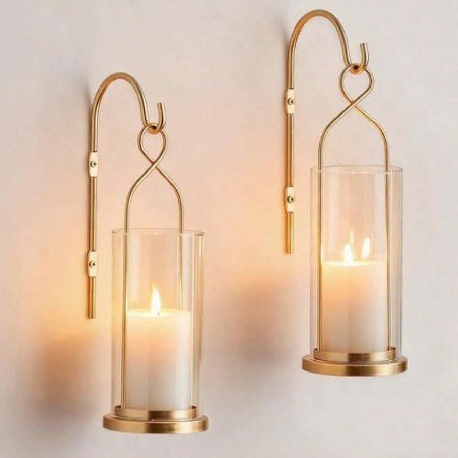 Gold Candle Sconces Wall Decor: Set Of 2 Wall Candle Holder For Pillar Candles - Modern Metal Hurricane Lantern Decoration For Indoor Porch Fireplace Bathroom Living Room - Gold - View 1
