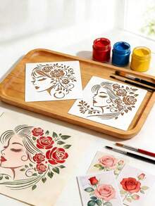 4pcs Flower Girl Hollow Painting Template DIY For Fabric, Glass, Paper, Wood Creative Spray Painting Printing Tool, Reusable Plastic Material - Flower-wearing Girl - View 6