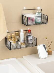 1/2pcs Adhesive Shower Caddy, No Drill Bathroom Storage Rack, Wall Mounted Organizer Basket, Iron Wire Mesh Vanity Holder - Multicolor - View 4