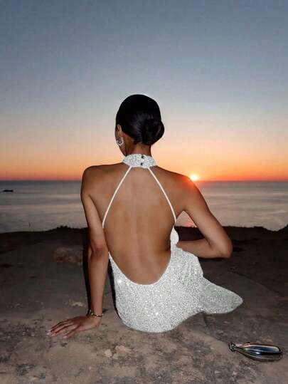 闪亮优雅露背亮片拼接伊比沙岛连衣裙，时尚浪漫派对礼服，适合海滩、婚礼、生日、周年纪念、毕业典礼、假日、正式晚宴、家庭聚会、音乐节、舞会、婚礼宾客、鸡尾酒会等场合，春秋季白色