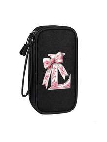 Compact Black Double-Layer Zipper Storage Bag And Digital Product Organizer With 26 Cute Patterned Bow Letters: A Must-Have Travel Cable And Electronics Storage Accessory That Can Store Power Banks, USB Data Cables, Headphones - Multicolor - View 10