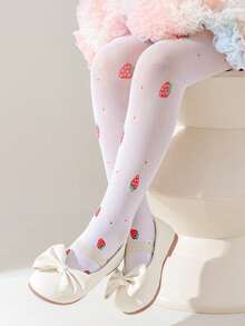 1pc Girls' Thin Mesh Strawberry White Pantyhose, Suitable For Toddler, Little & Big Kids, Summer - White - View 2