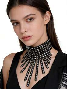 1件装女士朋克铆钉流苏颈圈领带，PU皮革可调节铆钉领带，适合哥特派对、锐舞节等场合 - 黑色 - 查看 6