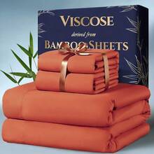 4pcs Bamboo Cooling Bedding - Extra Deep Pocket Breathable And Cooling - Suitable For Hot Sleepers And Sweats, Pillowcases, Flat Sheet And Fitted Sheet - A Perfect Gift For Family, Queen And King Sizes, Next Day Delivery - 橘色 - 查看 7