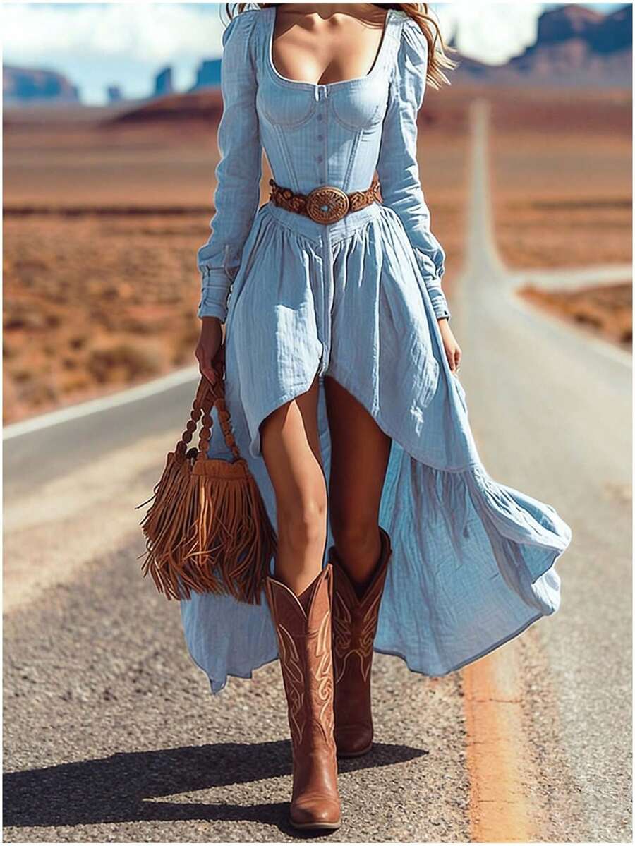 Women's Casual Long-Sleeved Retro Western Solid Color Irregular Square Neck Dress (Without Belt), Suitable For Travel And Parties. - 淺藍色 - 查看 1