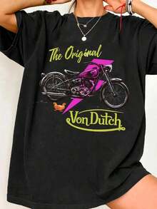 Van Dutch "The Original" Purple Motorcycle Chicken Vintage Oversized Graphic Tee Women's Short Sleeve Pure Cotton T-Shirt Loose Fit, Y2K Streetwear Retro Biker Aesthetic Baggy 100% Cotton Pullover Gift Women's T-Shirt - Black - View 1