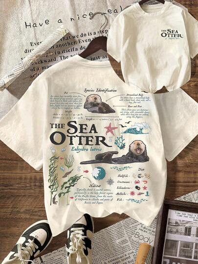 Vintage Sea Otter Biology Graphic Short Sleeve Casual Round Neck T-Shirt Summer