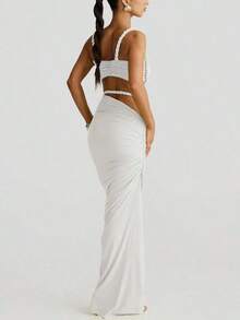 Women's Sexy Backless Camisole And Pleated Long Skirt Set, Summer Vacation Outfit - White - View 3
