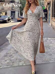 女士优雅小碎花扭结前襟长连衣裙，春夏休闲荷叶袖V领开衩长裙，百搭显瘦，适合日常街头风、度假、复活节等优雅场合 - 彩色 - 查看 6