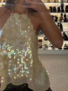 Women's Sequin Halter Tops Sparkly Backless Cute Summer Camisole Top - Champagne - View 3