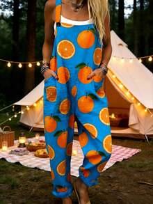 Orange All-Over Print Women's Adjustable Strap Jumpsuit, Polyester Fiber Fabric, Lightweight And Breathable, Women's Clothing, Standard Size Jumpsuit, Plus Size Women's Clothing, Plus Size Jumpsuit And Romper, Plus Size Jumpsuit - Nhiều màu - Xem 1