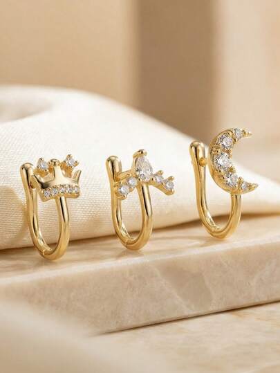 Bộ 3 chiếc khuyên mũi bằng đồng thau kiểu cổ điển sang trọng hình vương miện, hươu, trăng khuyết đính đá Cubic Zirconia, khuyên mũi hình chữ U, khuyên mũi thanh lịch dành cho nữ, thích hợp cho các buổi hẹn hò, tiệc tùng, mua sắm, món quà tuyệt vời cho Ngày của Mẹ, Lễ Tạ ơn, đám cưới, Ngày Valentine.