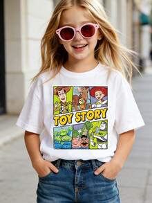 Disney Toy Story Woody, Buzz Lightyear Comic Style T-Shirt Print Pattern Summer Tops,Short-Sleeved Casual And Cute Style  Children's Clothing Design, Girl Clothes For Kids ,Ropa Para Niños,Girl Clothes For Kids,Graphic Tee, Summer Clothes,Perfect For Cool Girls. Comfortable And Breathable Children's Short-Sleeved T-Shirt. Comfortable And Casual Wear All Year Round 180g Pure Cotton Children's Clothes,Comfortable & Lightweight, Iconic Print For Mix-And-Match Outfits,Suitable For Both Boys And Girls. - White - View 2