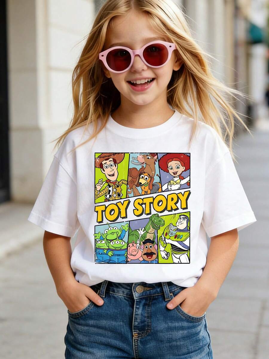 Disney Toy Story Woody, Buzz Lightyear Comic Style T-Shirt Print Pattern Summer Tops,Short-Sleeved Casual And Cute Style  Children's Clothing Design, Girl Clothes For Kids ,Ropa Para Niños,Girl Clothes For Kids,Graphic Tee, Summer Clothes,Perfect For Cool Girls. Comfortable And Breathable Children's Short-Sleeved T-Shirt. Comfortable And Casual Wear All Year Round 180g Pure Cotton Children's Clothes,Comfortable & Lightweight, Iconic Print For Mix-And-Match Outfits,Suitable For Both Boys And Girls. - 白色 - 查看 1