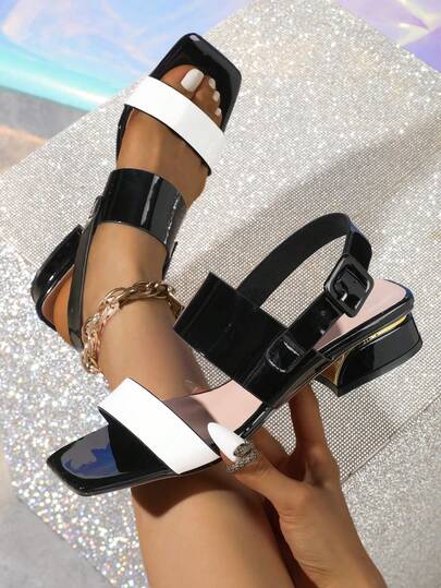 Women's New Fashion Black & White Contrast Patent Leather Double Strap Square Toe High Heel Sandals, Versatile & Flattering, Suitable For All Occasions