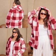 Casaco Plus Size Teddy Forrada por Dentro com Capuz Sobretudo Feminino Frio - Coral - Visão 2