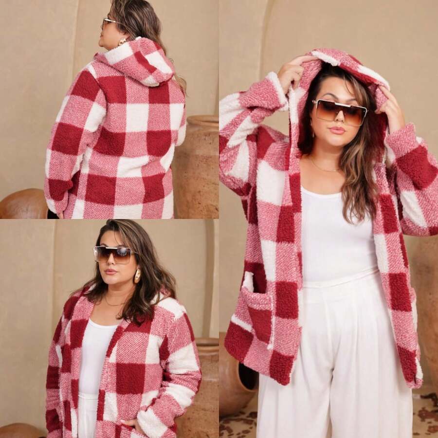 Casaco Plus Size Teddy Forrada por Dentro com Capuz Sobretudo Feminino Frio