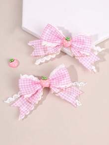 2pcs Strawberry Hair Bows For Women Girls Red Plaid Lace Bow Alligator Clips With Strawberry Accessory Cute Sweet Vacation Bow Hair Clips Adorable Strawberry Checkered Bow Barrettes Women Hair Accessories, Flat Claw Clip, Hair Slide, Hair Claws, Head Accessories, Hairpin - Pink Strawberry - 查看 6