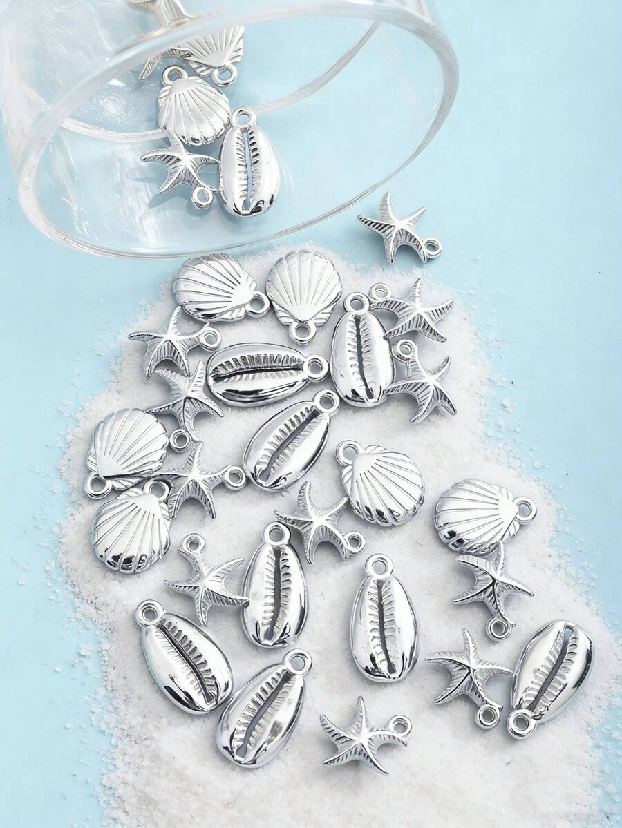 30pcs CCB Mixed Ocean Vacation Style Starfish, Shell, Abalone DIY Jewelry Pendant Accessories - Silver - View 1