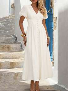 PoPoHouse Women's Solid Color Elegant V-Neck Puff Sleeve Dress, Suitable For Resort Wear, Spring/Summer - Apricot - View 4