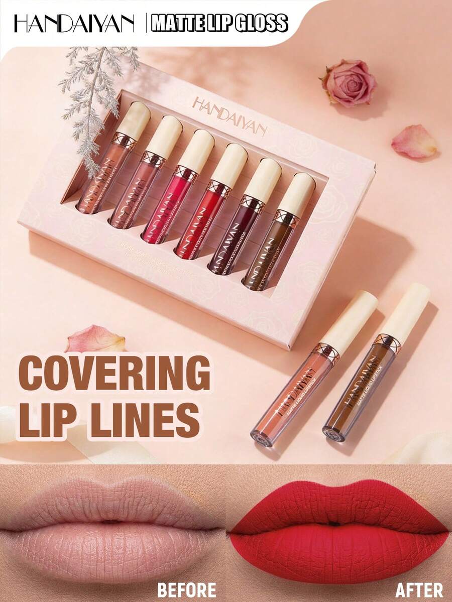 HANDAIYAN 6pcs/Set Matte Rose Lip Gloss Set, Non-Stick, Velvet Lip Tint, Great For Halloween, Christmas, Autumn/Winter Seasons, Holiday Gift - Một bộ/2ml*6 cái - Xem 1