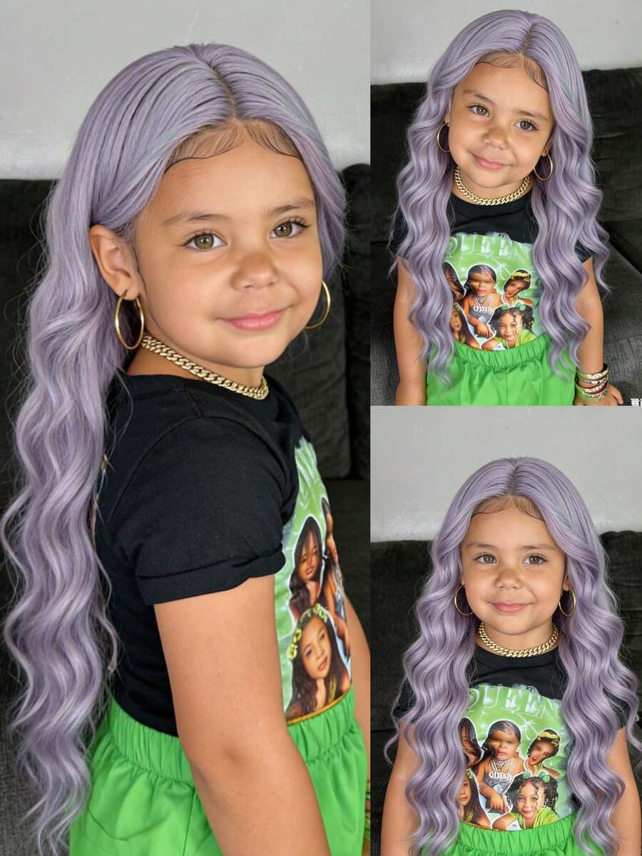 Kids Purple Long Roll Synthetic U-Part Lace Wig Mid-Split Bangs Large Wave Curly Hair Long Wig