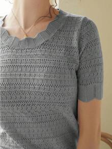 Knit Mix Áo sơ mi nữ thanh lịch, áo thun ngắn tay cổ tròn khoét lỗ, viền ren độc đáo, phù hợp với dáng người nhỏ nhắn, màu trơn, thích hợp mặc thường ngày/công sở, áo mùa xuân/hè, màu kem cổ điển tinh tế, trang phục đi học mùa xuân/hè, cũng thích hợp cho các ngày lễ như Giáng sinh, Lễ Tạ ơn và Năm mới. - Xám - Xem 8