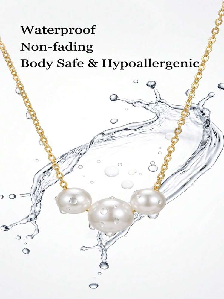 1条14K镀金优雅仿珍珠项链，可调节16+2英寸链条，不褪色且不含铅，女士珠宝 - 白色 - 查看 5