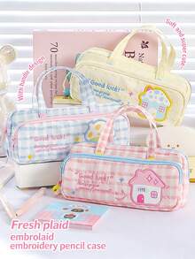 Bolsa de papelería portátil con doble capa y gran capacidad, estilo lindo a cuadros para almacenamiento de útiles escolares/de oficina - bordado a cuadros - Ver 5