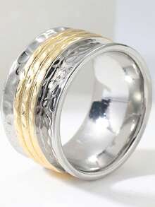 Fashionable Minimalist Metal Wire Designed Dual-Tone Wide Ring, Suitable For Women's Wedding, Party, And Daily Wear, A Versatile Jewelry Accessory - Silver - View 9