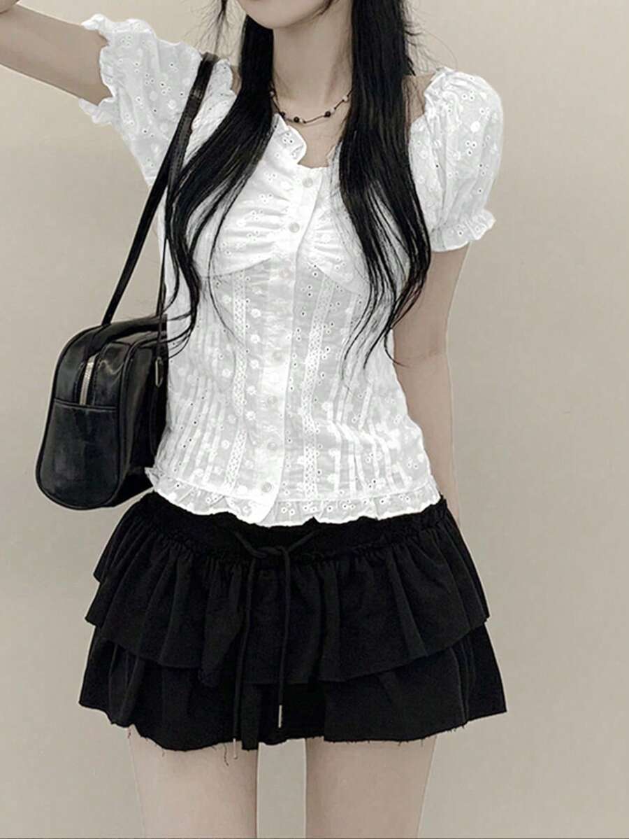 YCYC 韓式花卉紋理女款鈕扣短袖休閒襯衫 白色 夏季 - 白色 - 查看 1