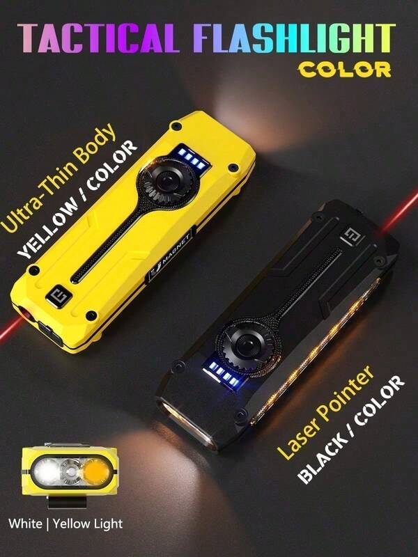 Linterna táctica EDC DTO11 Ultra Delgada de Acero Inoxidable Triple Fuente de Luz Haz Principal Blanco Amarillo Atenuación Continua Luz Lateral Utilitaria Blanco Amarillo Atenuación Continua Puntero Láser Rojo Base Magnética Sujeción Fuerte Dos Clips de Transporte Resistente al Agua Lluvia Fuerte Batería de Litio Recargable Tipo C Carga USB Pantalla de Energía Control de Brillo Rotativo Modos de Luz Principal Blanco Amarillo Mixto Estroboscópico UV Doble Clic Modos de Luz Lateral Blanco Amarillo Mixto Modos Láser Rojo Flujo RGB Rojo Estroboscópico Doble Clic Portátil 101g Luz para Camping al Aire Libre Senderismo Linterna Frontal Herramienta de Emergencia Reparación de Automóviles Pesca Nocturna Patrulla de  Juego de Mascotas Apagón Doméstico Esencial EDC Campistas Excursionistas Aventureros al Aire Libre Socorristas Mecánicos Dueños de Mascotas Propietarios de Viviendas